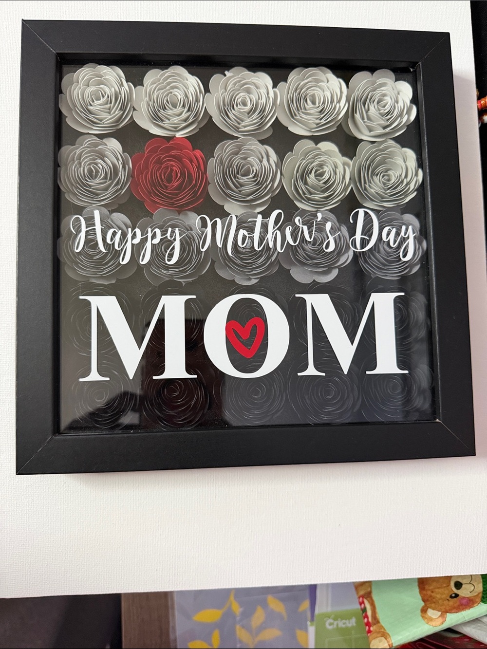 Mother's Day Wall Art - Gray and Red Floral MOM Frame